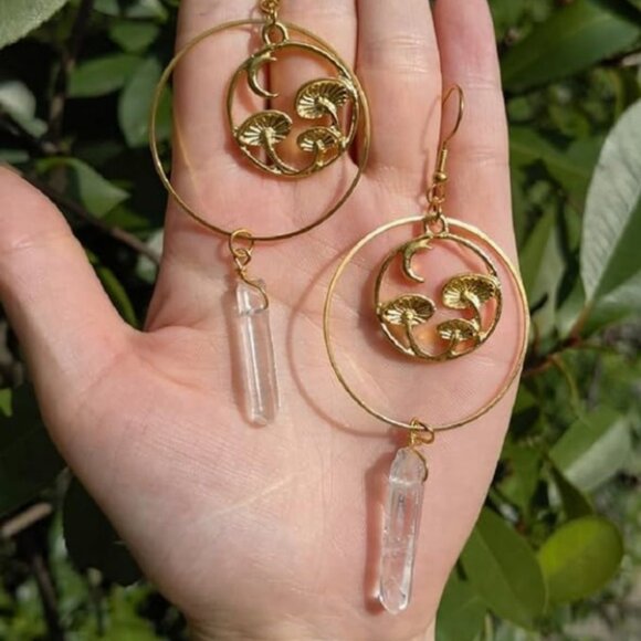 Quartz Crystal & Golden Mushrooms Long Dangle Earrings - Picture 5 of 5